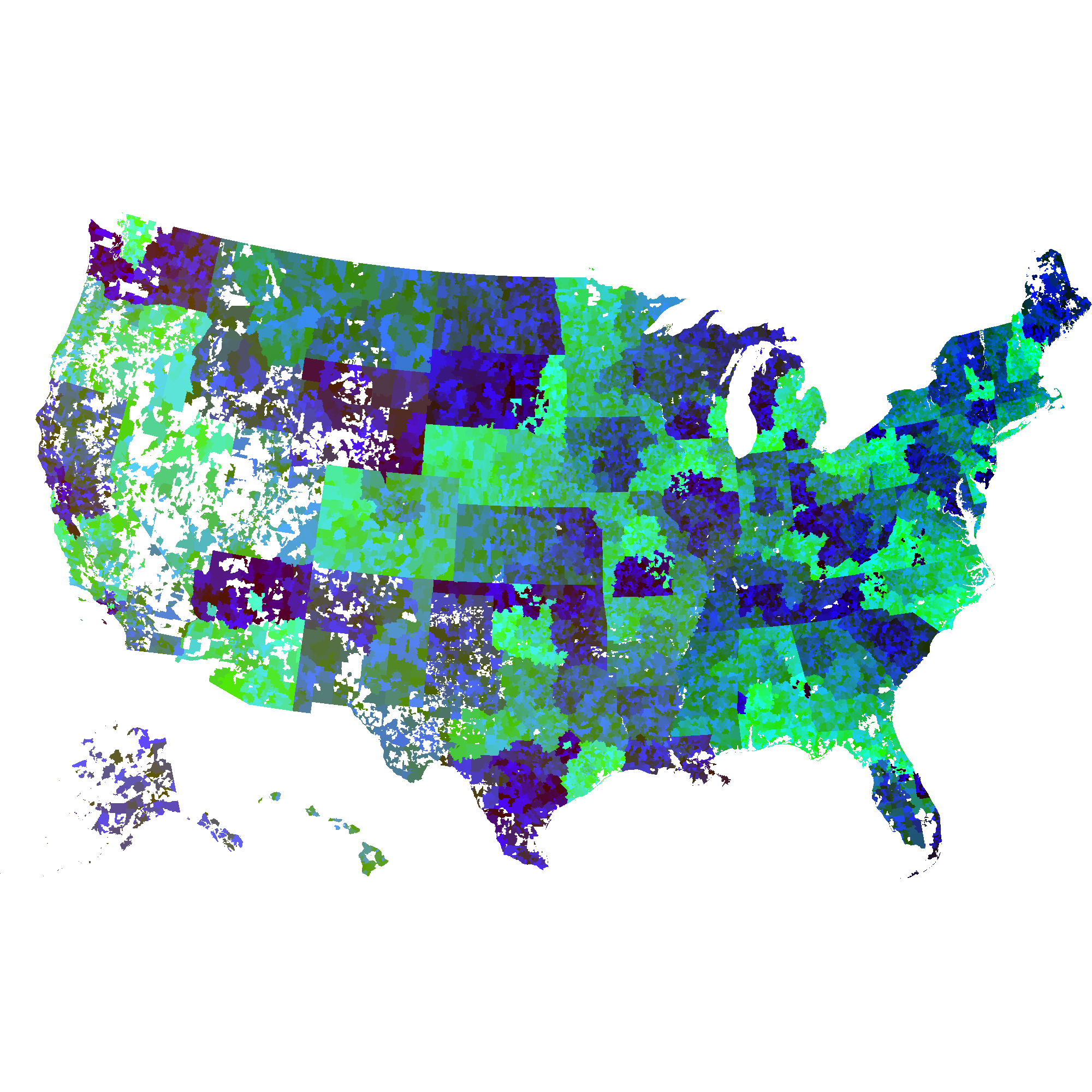 United States Maps with distinct colors for each zip code.